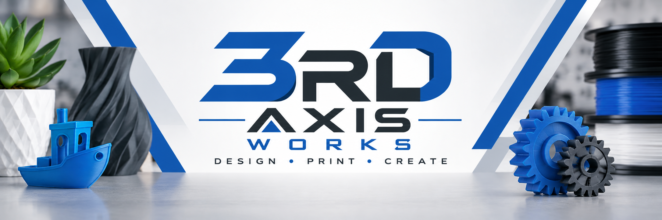3rd Axis Works banner with 3D-printed parts and filament