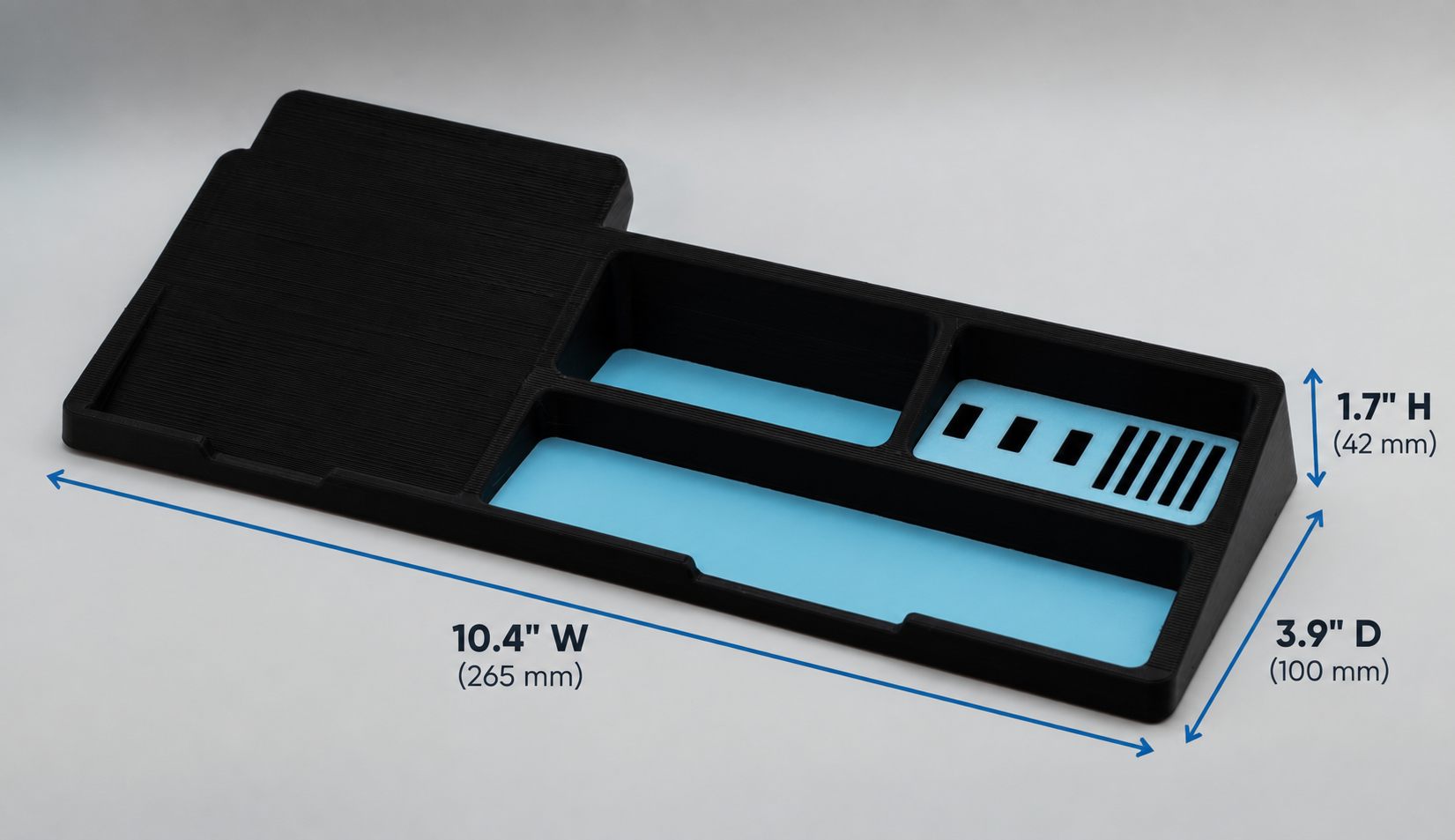 Diagram showing the desk organizer is 10.4 inches wide, 3.9 inches deep, and 1.7 inches high