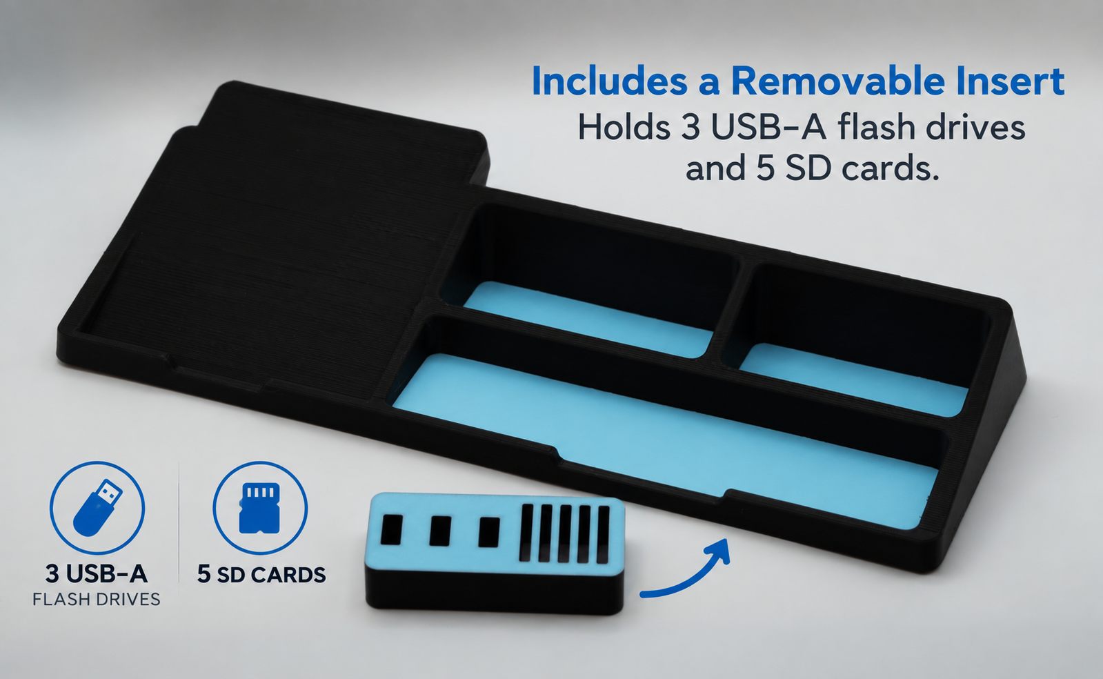 Low-profile desk organizer beside its removable insert, which holds three USB-A flash drives and five SD cards