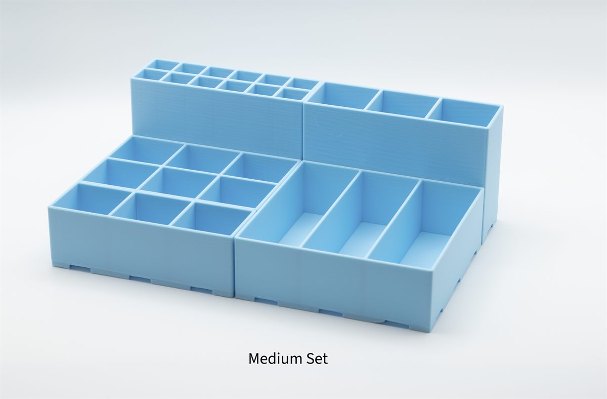 Blue medium modular makeup organizer set with differently sized compartments